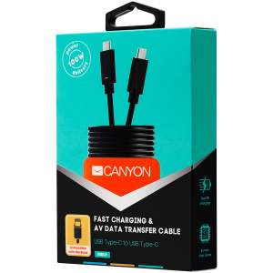 CANYON Type C USB3.1 standard cable, PD3.0 100W, with full feature(video, audio, data transmission and PD charging), OD 4.8mm, cable length 1m, Black, 13*9*1000mm, 0.043kg