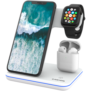 CANYON WS-302 3in1 Wireless charger, with touch button for Running water light, Input 9V/2A, 12V/2A, Output 15W/10W/7.5W/5W, Type c to USB-A cable length 1.2m, 137*103*140mm, 0.22Kg, White