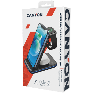 CANYON WS-304, Foldable  3in1 Wireless charger, with touch button for Running water light, Input 9V/2A,  12V/1.5AOutput 15W/10W/7.5W/5W, Type c to USB-A cable length 1.2m, with QC18W EU plug,132.51*75*28.58mm, 0.168Kg, Black