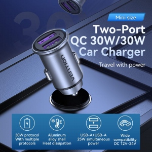 ALIMENTATOR SmartPhone Auto Vention Two-Port USB A+A(30/30) Car Charger Gray Mini Style Aluminium Alloy Type, 