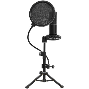LORGAR Gaming Microphones, Black, USB condenser microphone with tripod stand, pop filter, including 1 microphone, 1 Height metal tripod, 1 plastic shock mount, 1 windscreen cap, 1,2m metel type-C USB cable, 1 pop filter, 154.6x56.1mm