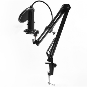 LORGAR Gaming Microphones, Black, USB condenser microphone with boom arm stand, pop filter, tripod stand. including 1* microphone, 1*Boom Arm Stand with C-clamp, 1*shock mount, 1*pop filter, 1*windscreen cap, 1*2.5m type-C USB cable, 1* Extra tripod