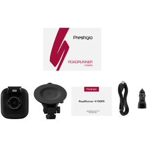 Prestigio RoadRunner 415GPS, 2.0-- LCD (960x240) display, FHD 1920x1080@30fps, HD 1280x720@30fps, GP5168 processor, 2 MP CMOS GC2023 image sensor, 2 MP camera, 140° View Angle, GPS, POI database, Motion Detection, G-sensor, Cyclic Recording, color/Black, Plastic case