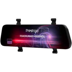 Prestigio RoadRunner 450GPSDL, 9.66-- IPS (1280x320) 2.5D curved touch display, Dual camera: front - FHD 1920x1080@30fps, HD 1280x720@30fps, rear - VGA 1920x1080@30fps, MSC8339D, 2 MP CMOS SC2363 front image sensor, 12 MP camera, 120° Viewing Angle, Mini USB, 800mAh battery, Voice Control, GPS tracker, Motion Detection, G-sensor, Cyclic Recording, color/Black, Plastic case