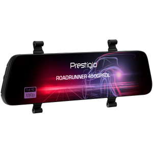 Prestigio RoadRunner 450GPSDL, 9.66-- IPS (1280x320) 2.5D curved touch display, Dual camera: front - FHD 1920x1080@30fps, HD 1280x720@30fps, rear - VGA 1920x1080@30fps, MSC8339D, 2 MP CMOS SC2363 front image sensor, 12 MP camera, 120° Viewing Angle, Mini USB, 800mAh battery, Voice Control, GPS tracker, Motion Detection, G-sensor, Cyclic Recording, color/Black, Plastic case