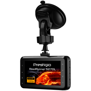 Car Video Recorder PRESTIGIO RoadRunner 527DL (Dual Camera: front - FHD 1920x1080@30fps, HD 1280x720@60fps, rear - VGA 640х480@30fps, 3.0 inch screen, NTK966580, 2 MP CMOS GC2023 image sensor, 12 MP camera, 140° Viewing Angle, Mini USB, 180 mAh, Automatic Night Mode, Motion Detection, G-sensor, Cyclic Recording, EIS, Black, Metal)
