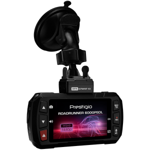 Car Video Recorder PRESTIGIO RoadRunner 600GPSDL (Front: WQHD 2560x1440@30fps; FHD 1920x1080@60fps Rear: FHD 1920x1080@30fps, 3.0 inch screen, NT96663, 2 MP CMOS SONY IMX291 image sensor, 120° Viewing Angle, Micro USB, 900mAh, GPS, Radar POI, Automatic Night Mode, Motion Detection, G-sensor, Cyclic Recording, EIS, IR, WDR, Black, Plastic)