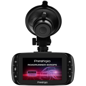 Prestigio RoadRunner 605GPS, 2.7-- LCD (960x240) display, 4K UHD 3840x2160@30fps, FHD 1920x1080@30fps, HD 1280x720@30fps, HiSilikon 3559 processor, 8 MP CMOS IMX317 image sensor, 8 MP camera, 140° View Angle, GPS, POI database, WIFI, Motion Detection, G-sensor, Cyclic Recording, color/Black, Plastic case