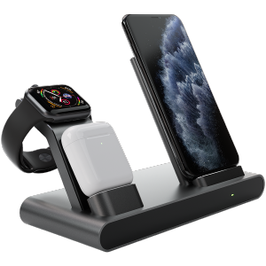 Prestigio ReVolt A1, charging station for iPhone, Apple Watch, AirPods, 2 wireless interfaces, fast charging, input voltage: 9V,2A, 5V,2A, output power for phone 10/7.5/5W, LED status indicator, metal body with anti-slip base, space grey color