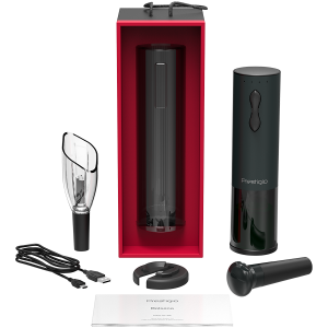 Prestigio Bolsena, smart wine opener, simple operation with 2 buttons, aerator, vacuum stopper preserver, foil cutter, opens up to 80 bottles without recharging, 500mAh battery, Dimensions D 48.2*H183mm, black color.