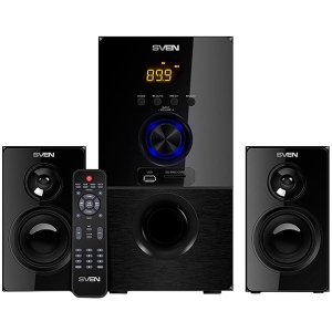 SVEN MS-2050 30W+2x12.5W; LED display; Volume front control; USB/SD-card support; Wall mountable satellites; MUTE, SLEEP and ST-BY modes; FM radio; Remote control; Bluetooth