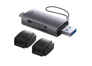 CARD READER extern Baseus Lite, interfata USB 3.0 si USB Type-C, citeste/scrie: SD, microSD viteza pana la 480Mbps,  suporta carduri maxim 512 GB, metalic, gri 